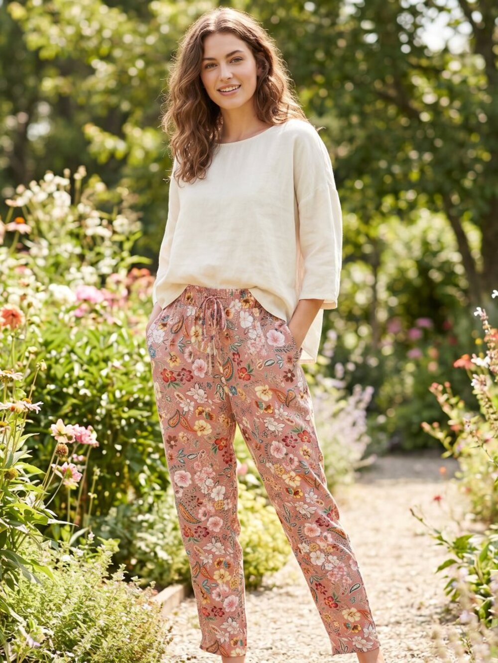 Julia L Pants Pink Floral Paisley Pull On Flowy Boho Chic‎ Fairy Resort Whimsy